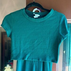 Teal Ribbed Short Sleeve Top and Bell Bottom Pants